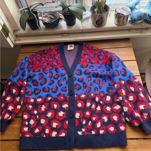 FARM Rio Red Blue Leopard Print Button Cardigan Size Small